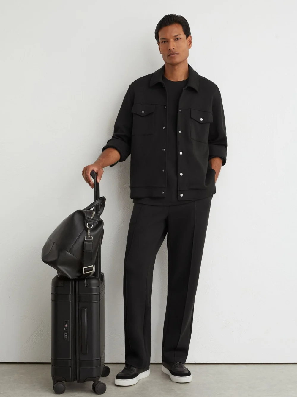Reiss Black Sueded Interlock Jersey Twin-pocket Overshirt, view 3