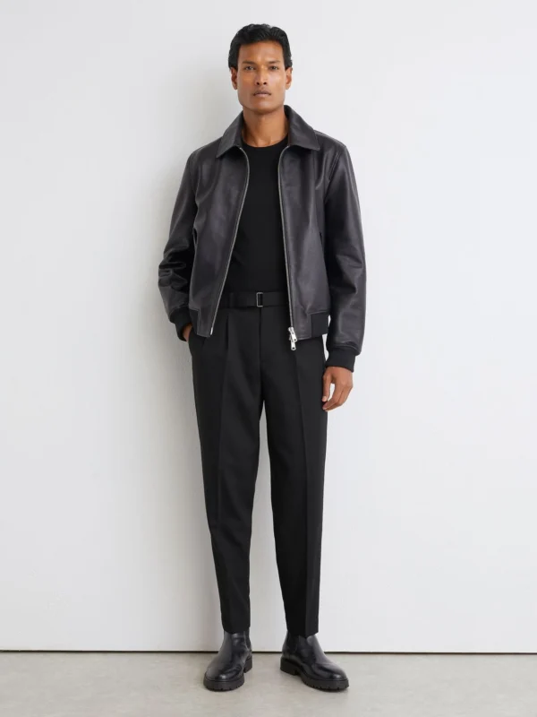 Reiss Black Tailored Fit Wool-blend Belted Pleated Trousers