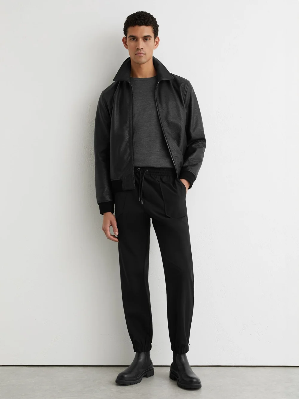 Reiss Black Technical Cuffed Drawstring Trousers