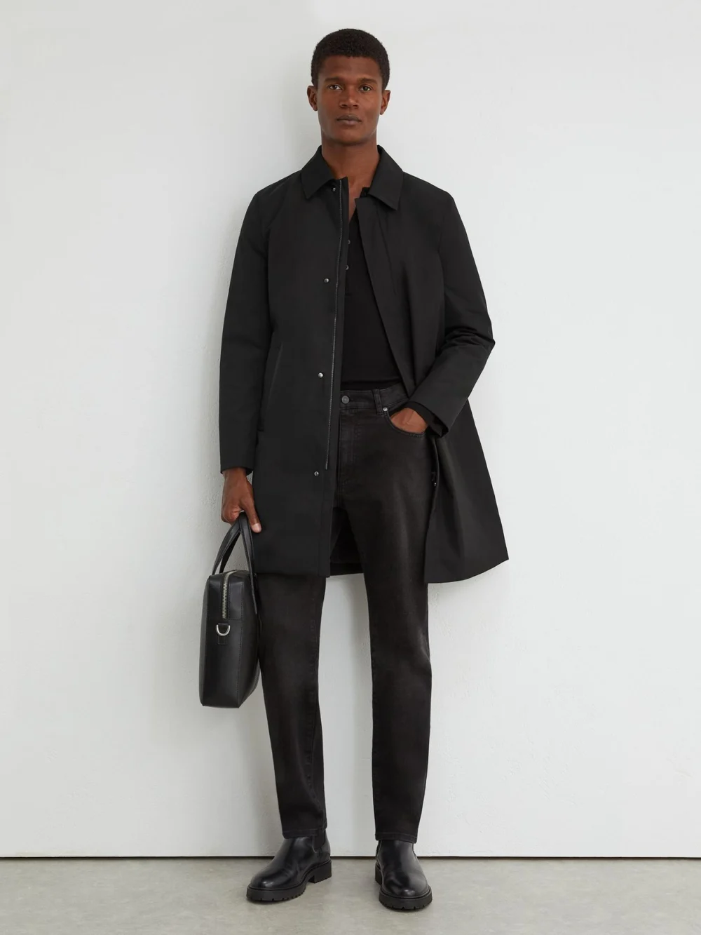 Reiss Black Technical Long Zip-through Jacket