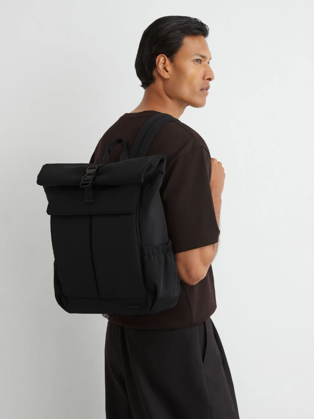 Reiss Black Technical Roll-top Backpack,