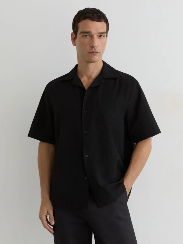 Reiss Black Textured Cuban-collar Short-sleeve Shirt