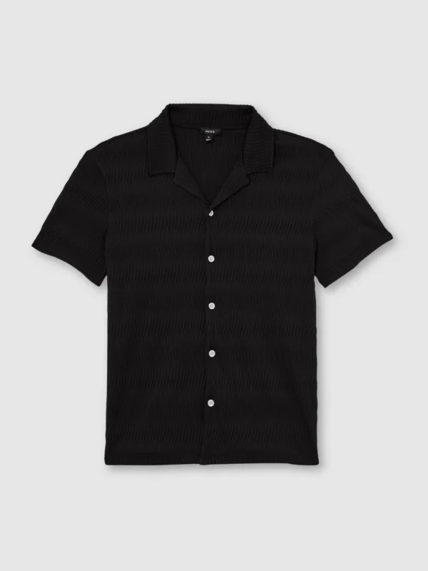Reiss Black Textured-wave Cuban-collar Shirt