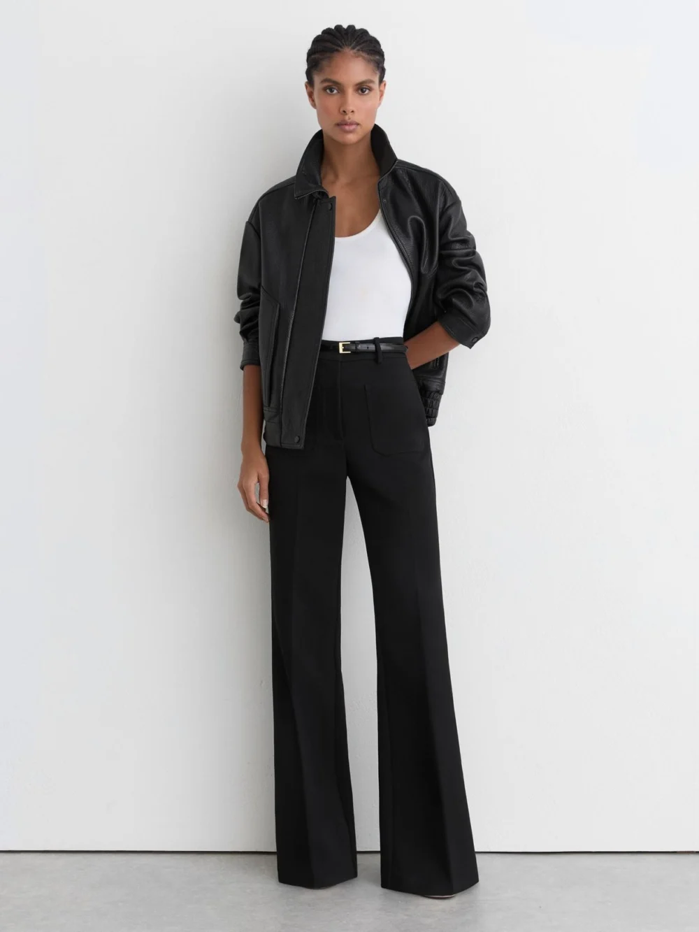 Reiss Black Twill Patch-pocket Flared Trousers