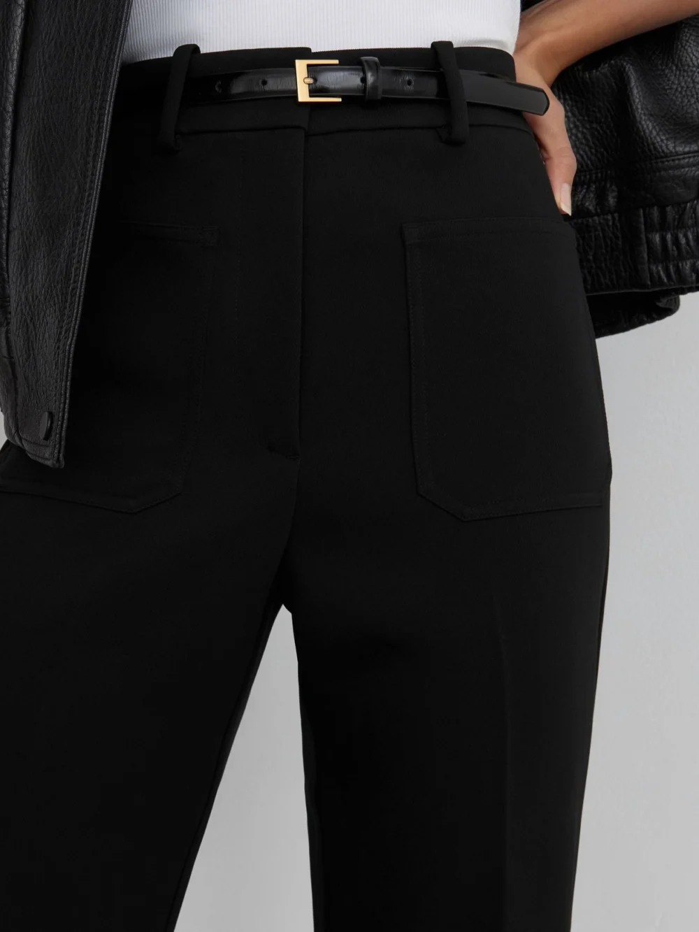 Reiss Black Twill Patch-pocket Flared Trousers, view 3