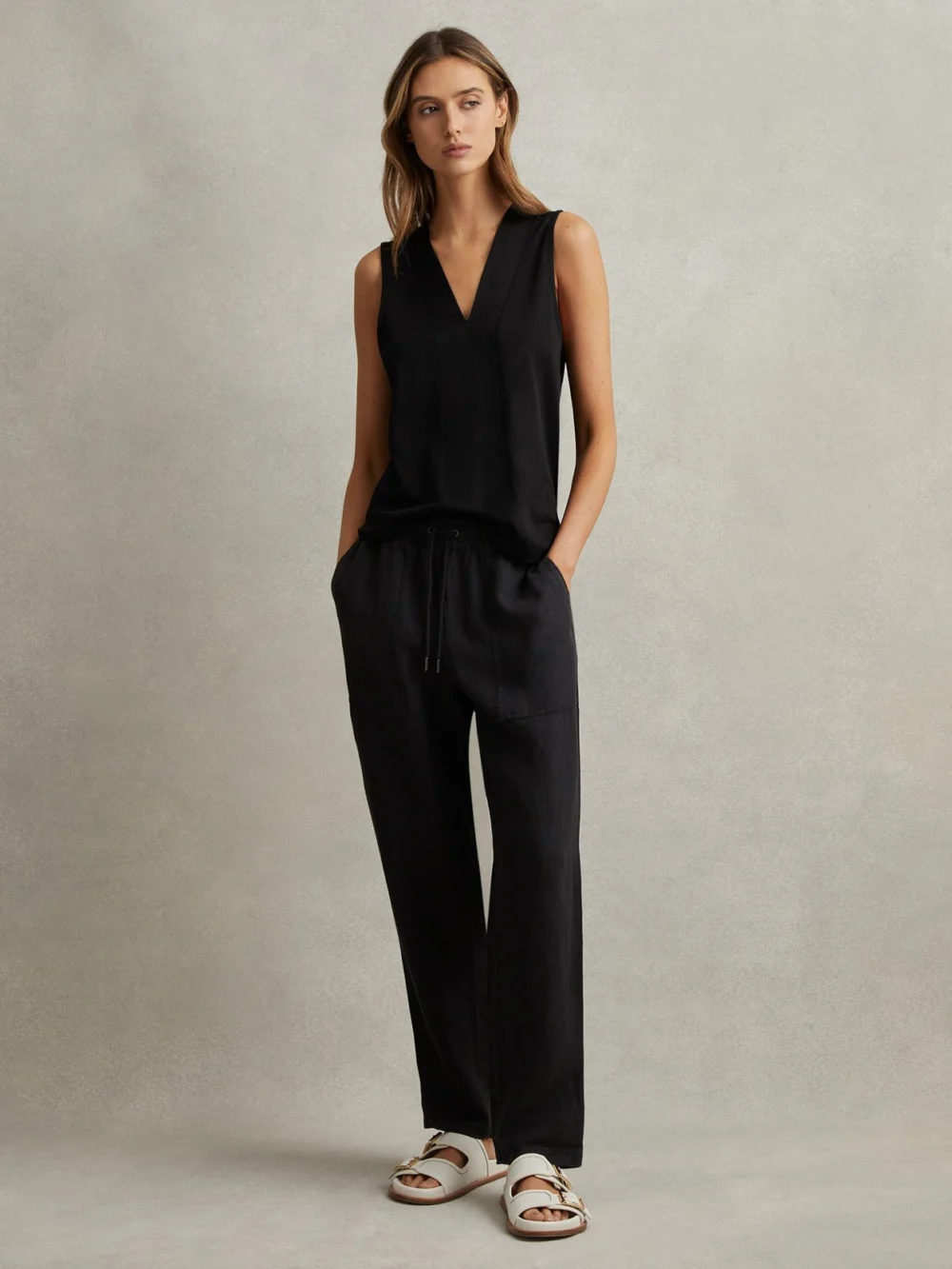 Reiss Black V-neck Shell Top, view 3