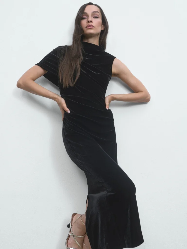 Reiss Black Velvet Draped-neck Ruched Midi Dress