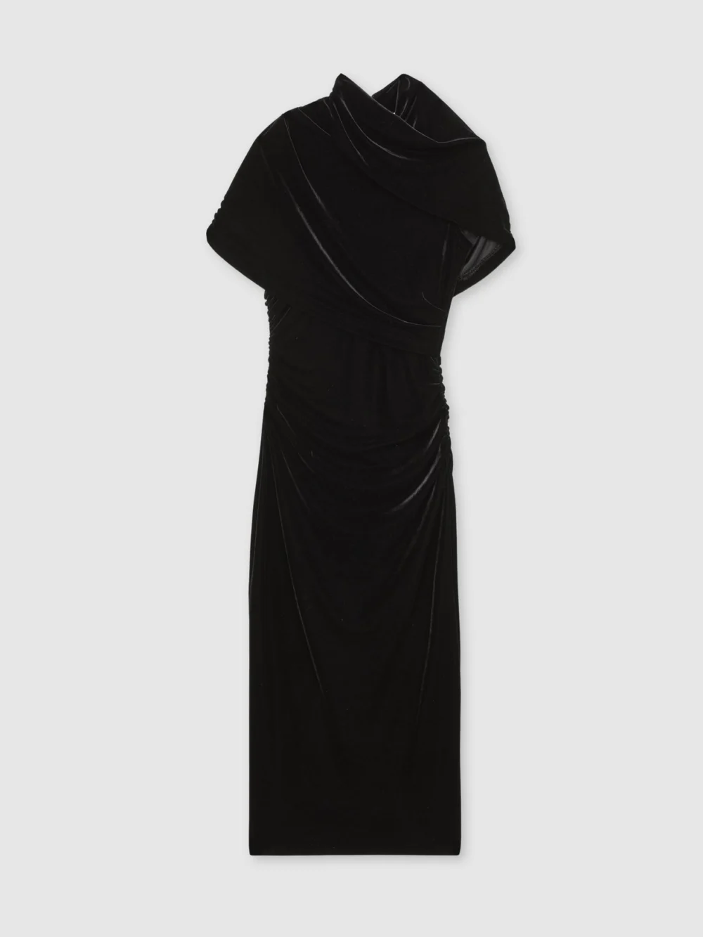 Reiss Black Velvet Draped-neck Ruched Midi Dress, view 2