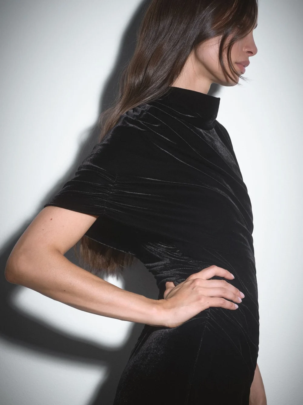 Reiss Black Velvet Draped-neck Ruched Midi Dress, view 3