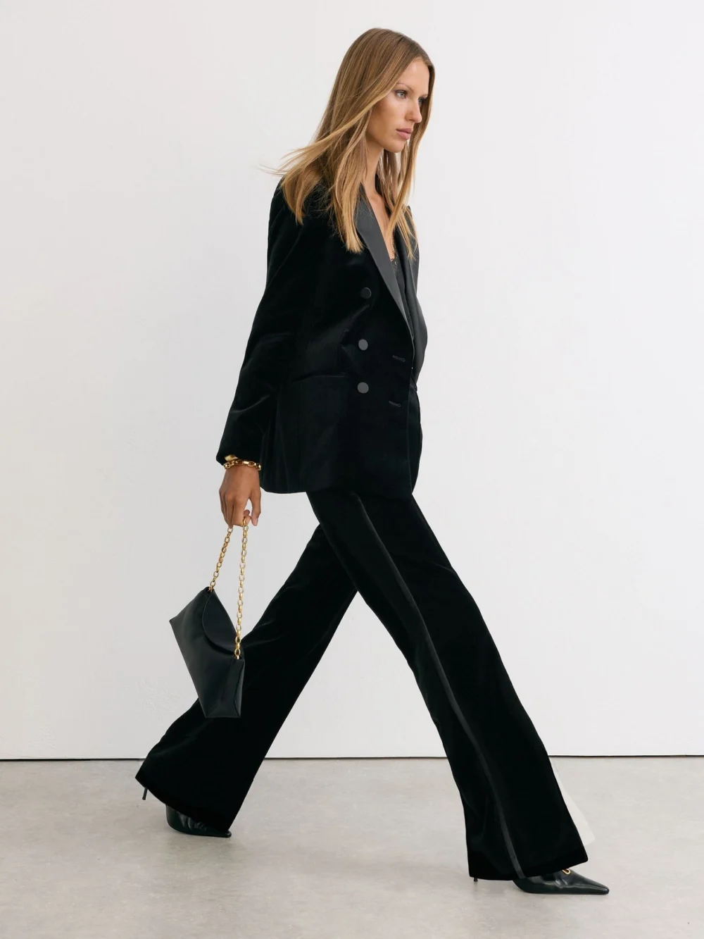 Reiss Black Velvet Flared Tuxedo Trousers