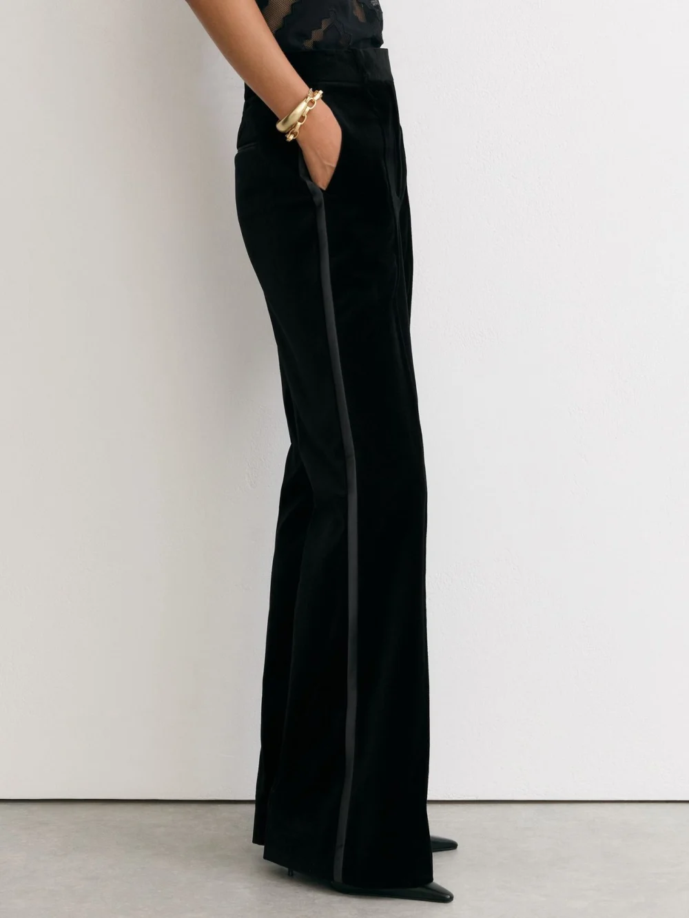 Reiss Black Velvet Flared Tuxedo Trousers, view 3