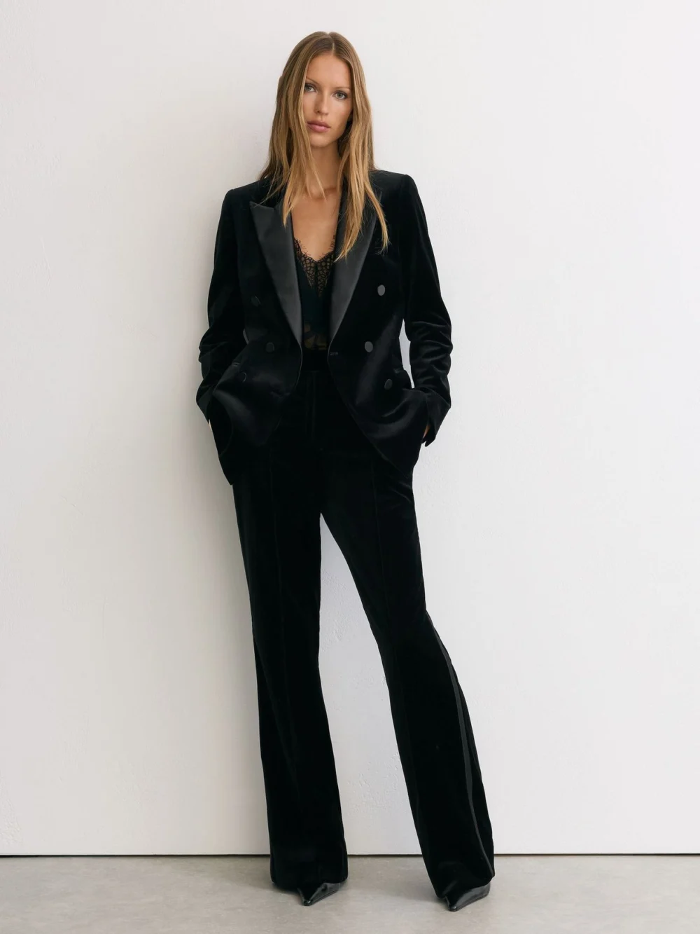 Reiss Black Velvet Flared Tuxedo Trousers, view 4