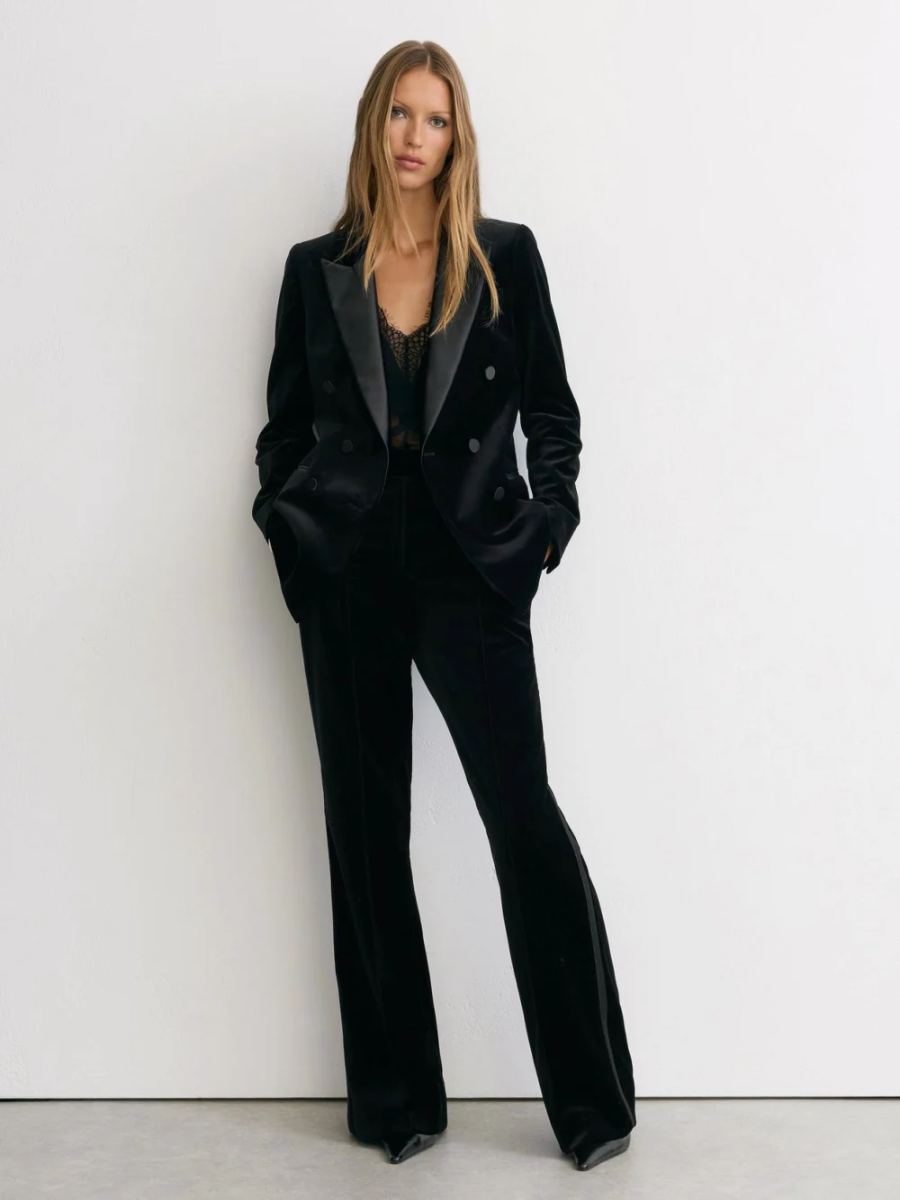 Reiss Black Velvet Flared Tuxedo Trousers, view 5