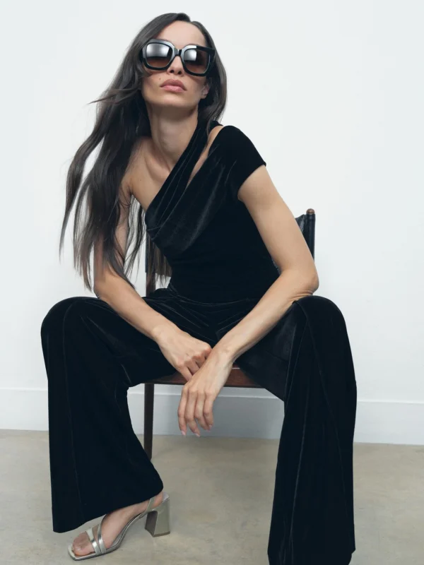 Reiss Black Velvet One-shoulder Wide-leg Jumpsuit