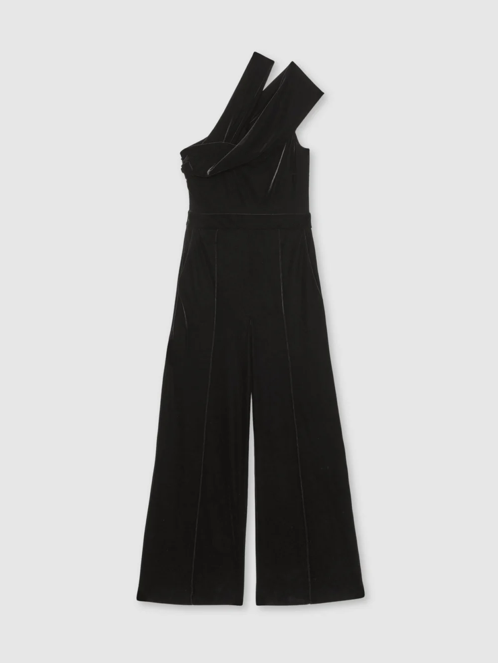 Reiss Black Velvet One-shoulder Wide-leg Jumpsuit, view 2