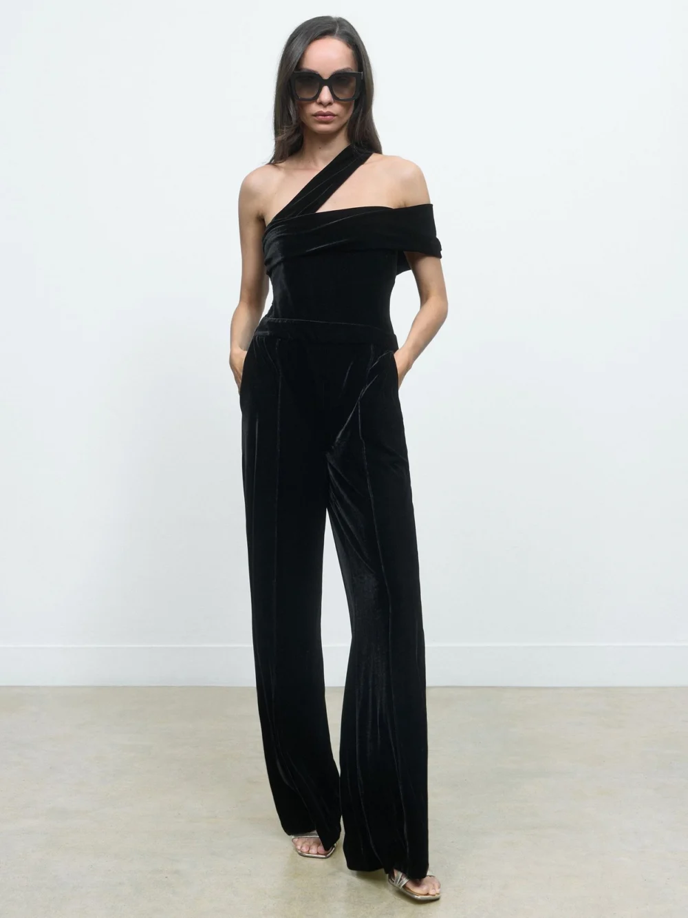 Reiss Black Velvet One-shoulder Wide-leg Jumpsuit, view 3