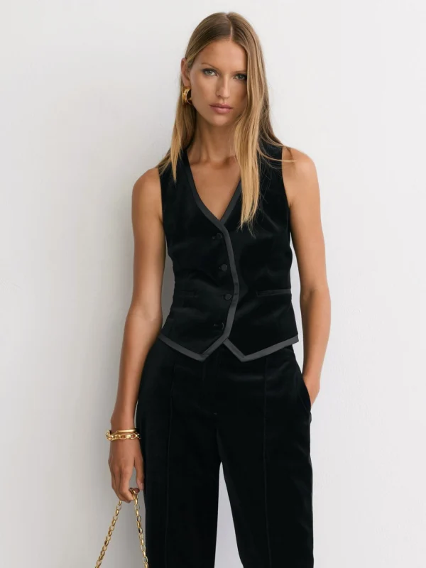 Reiss Black Velvet Satin-trim Tailored Waistcoat