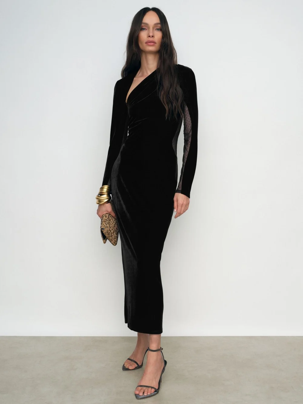Reiss Black Velvet Sheer-panel Cut-out Midi Dress