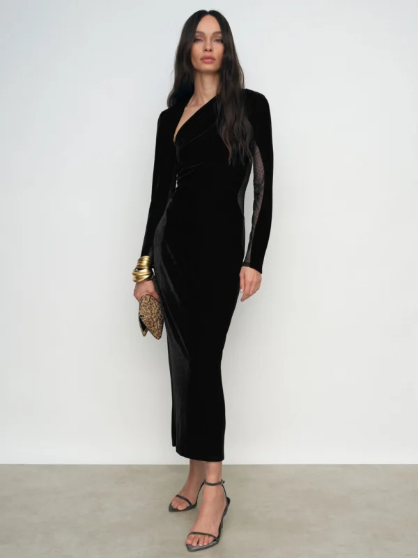 Reiss Black Velvet Sheer-panel Cut-out Midi Dress
