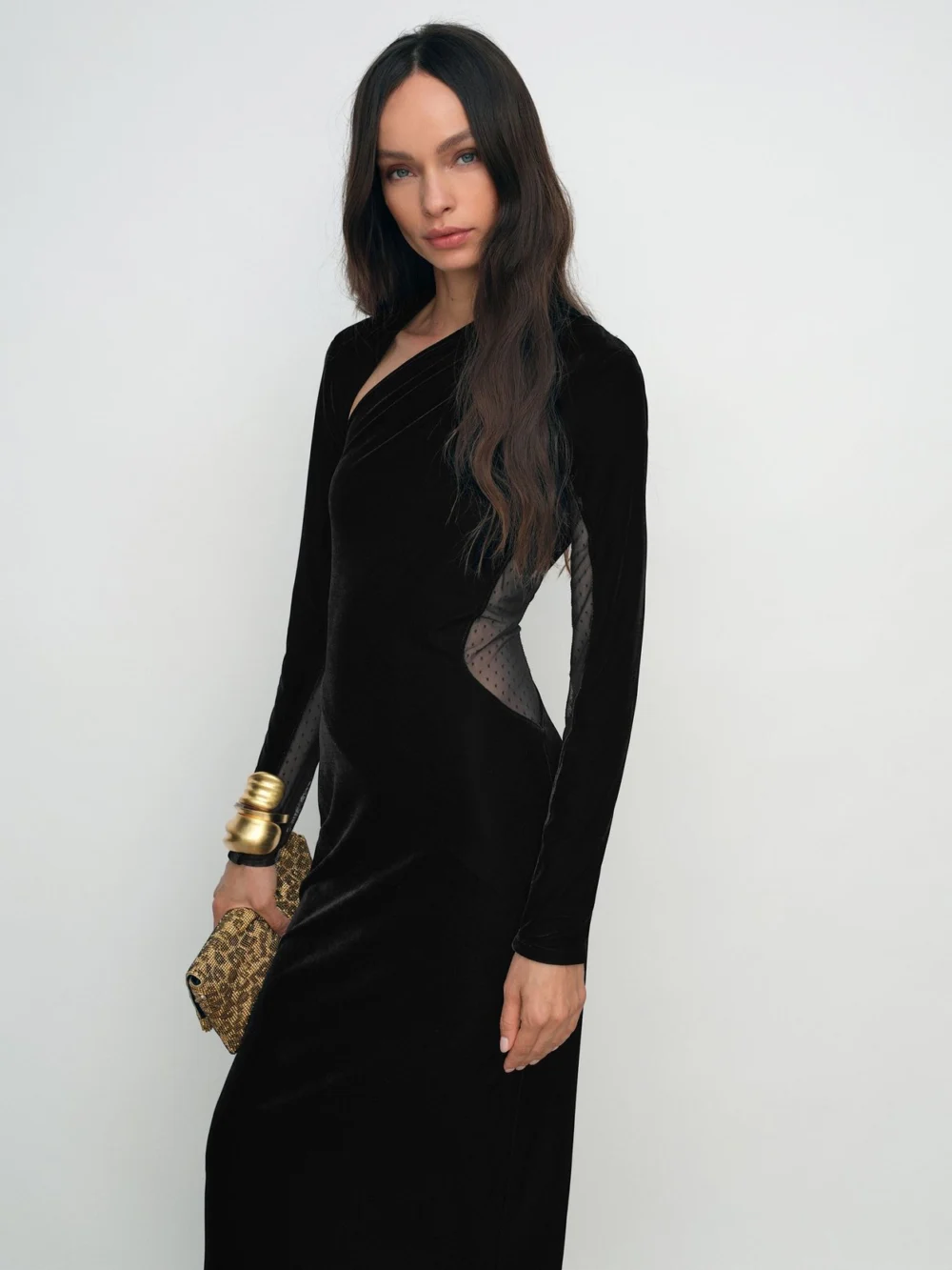 Reiss Black Velvet Sheer-panel Cut-out Midi Dress, view 4