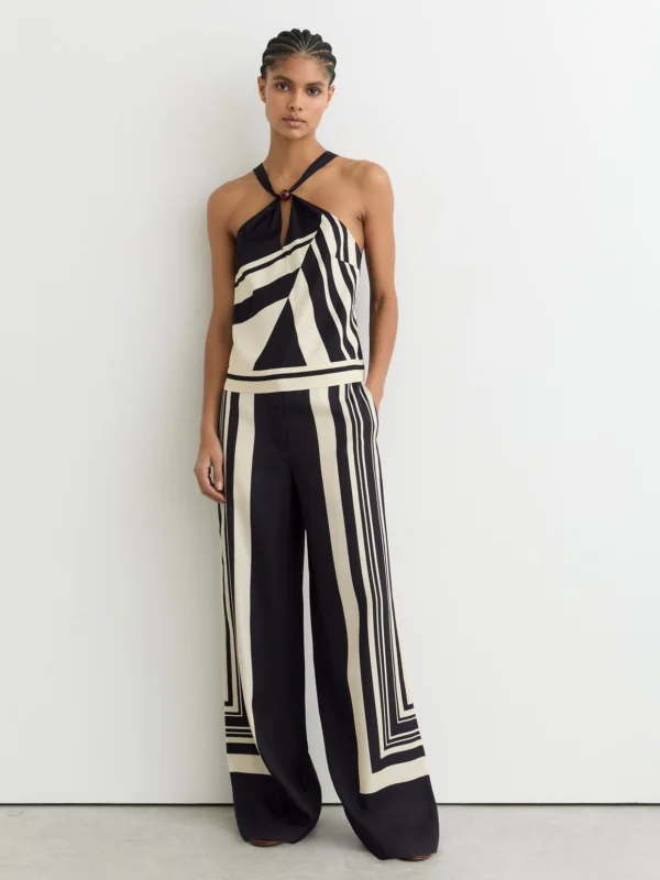 Reiss Black Wide-leg Scarf-print Trousers