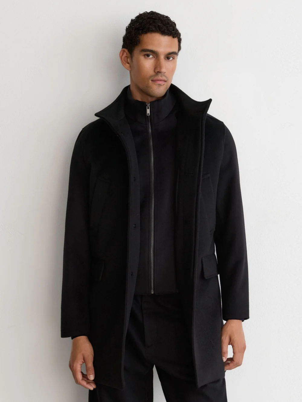 Reiss Black Wool-blend Gilet-insert Single-breasted Coat