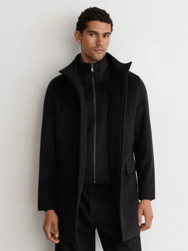 Reiss Black Wool-blend Gilet-insert Single-breasted Coat