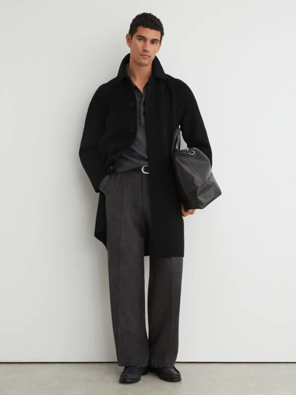 Reiss Black Wool-blend Single-breasted Raglan Overcoat