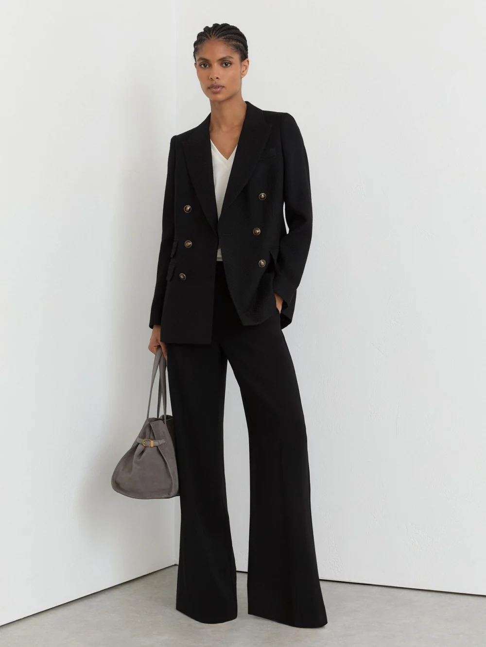 Reiss Black Wool-blend Twill Double-breasted Blazer, view 3