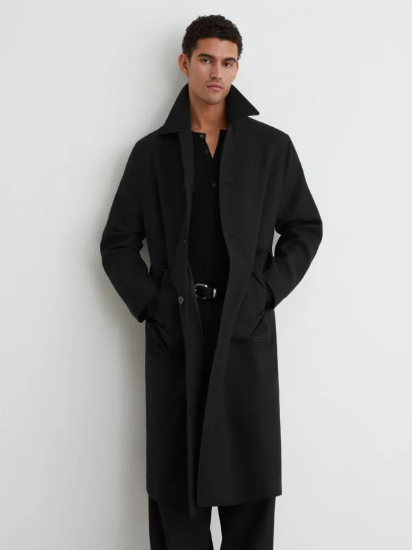 Reiss Black Wool-blend Twill Single-breasted Overcoat