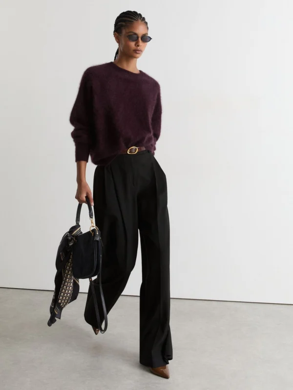 Reiss Black Wool-blend Wide-leg Pleated Trousers