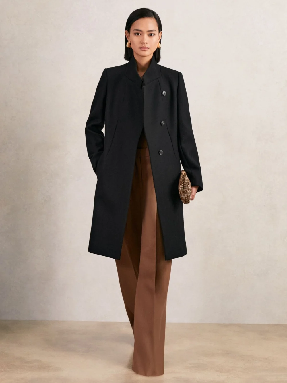 Reiss Black Wool-blend Wrapover Mid-length Coat