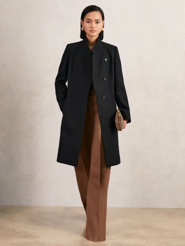 Reiss Black Wool-blend Wrapover Mid-length Coat