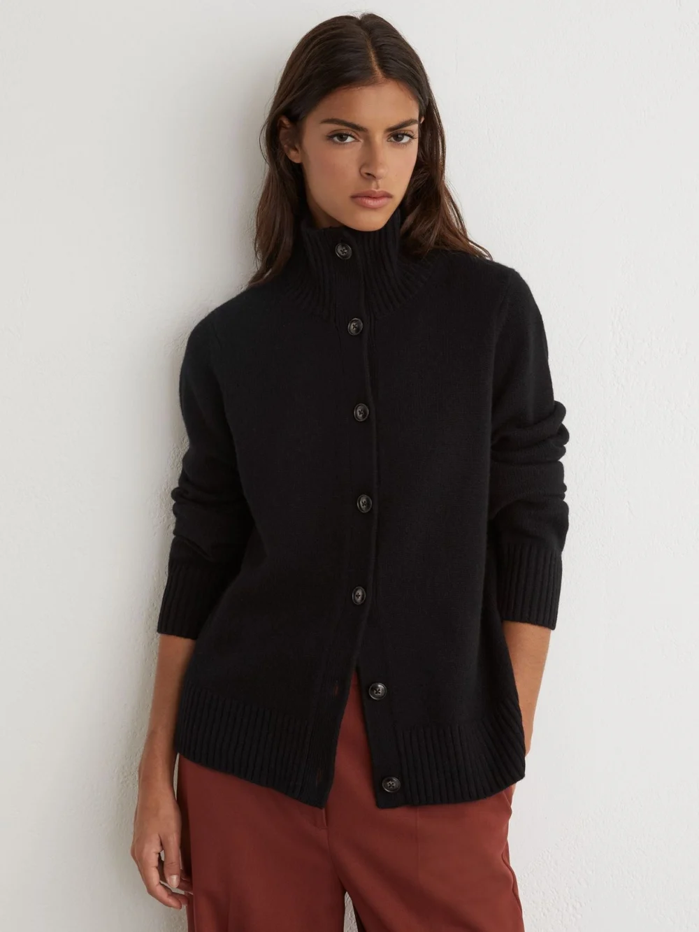 Reiss Black Wool-cashmere Funnel-neck Cardigan