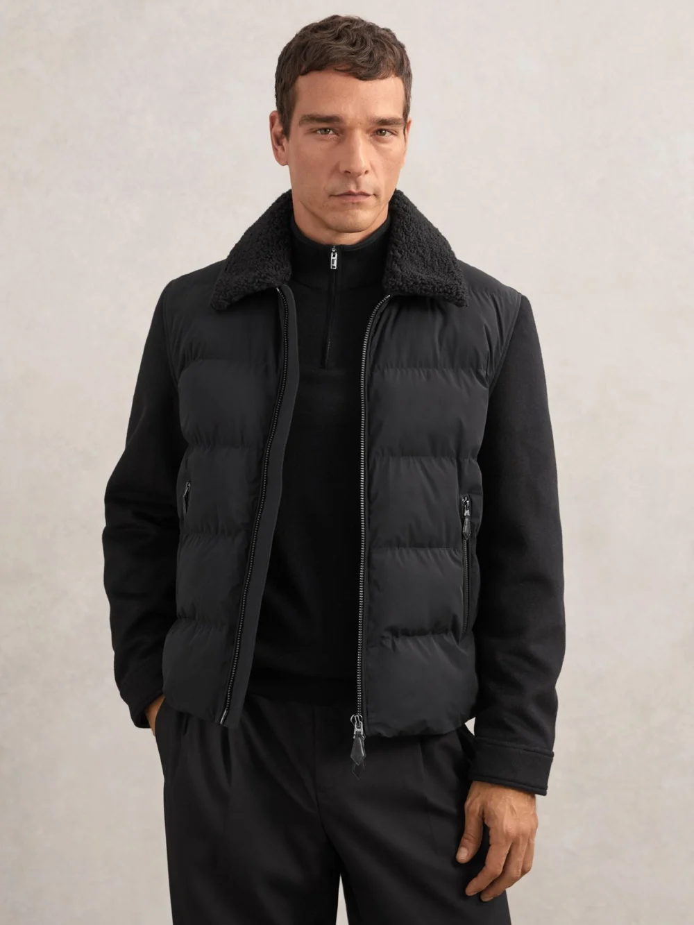 Reiss Black Wool-sleeve Quilted Puffer Jacket