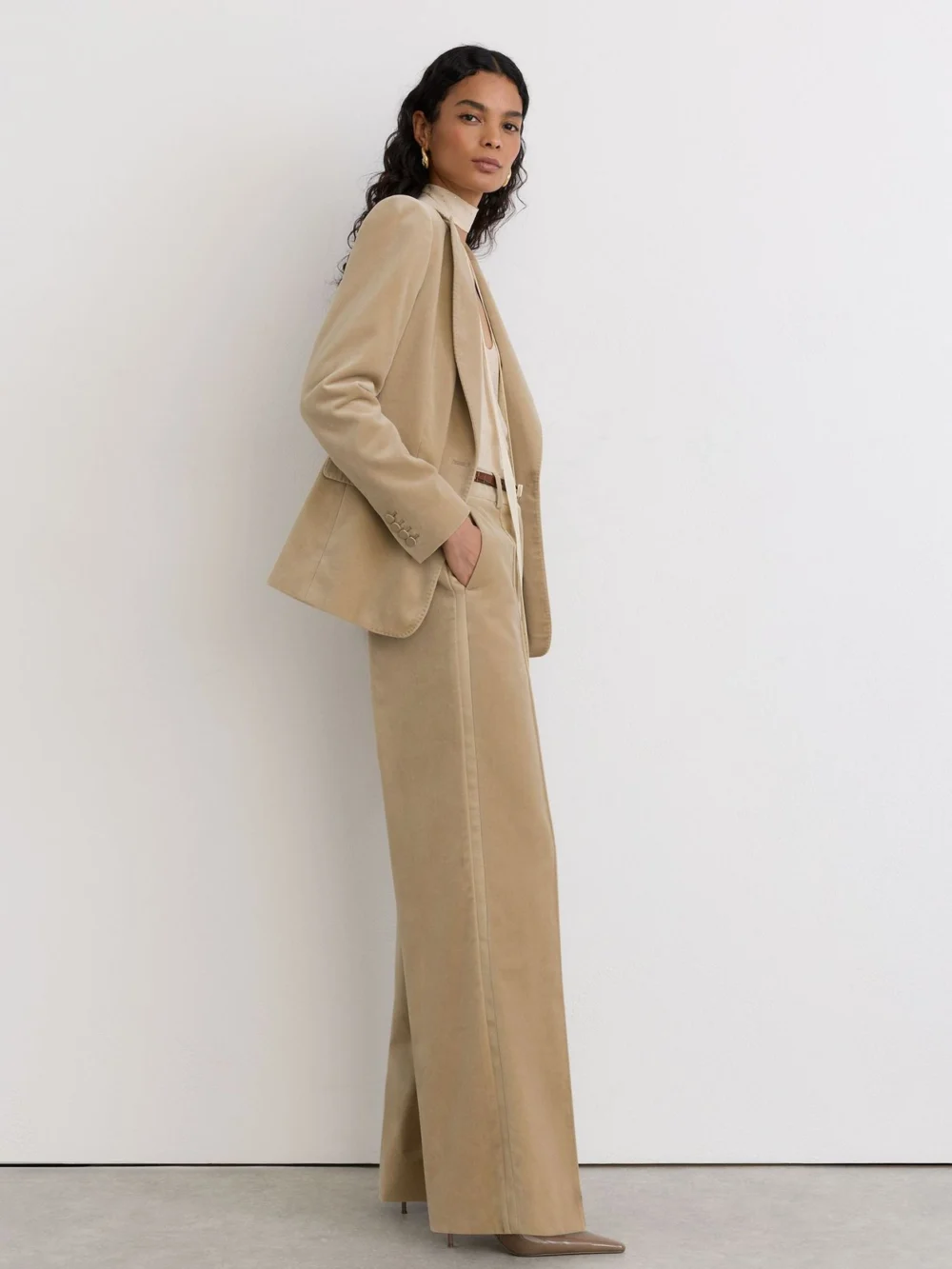 Reiss Blonde Neutral Velvet Flared Pintuck Suit Trousers