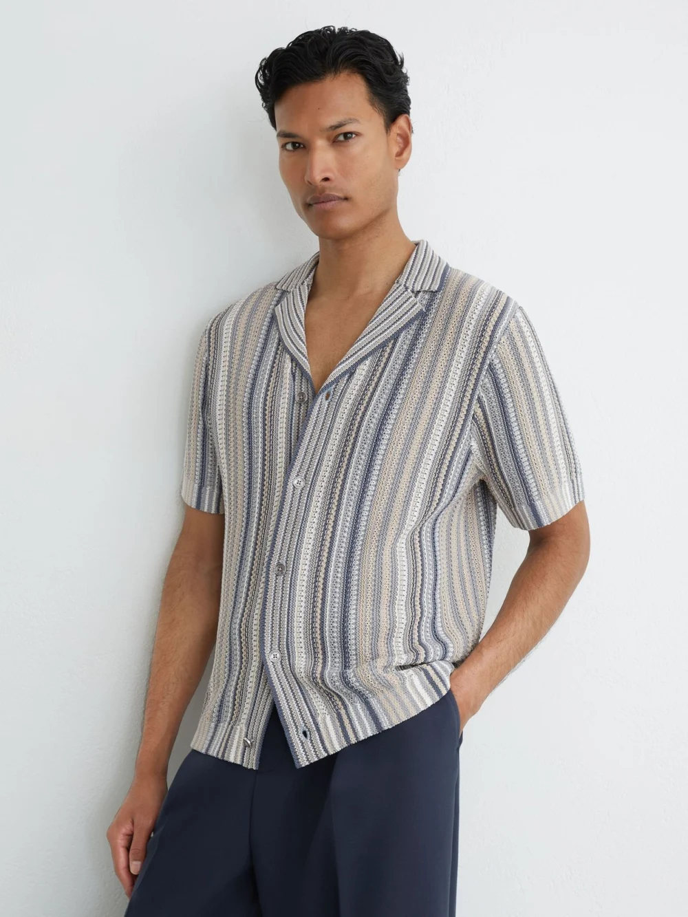 Reiss Blue & Camel Striped Knit Cuban-collar Shirt in blue/camel
