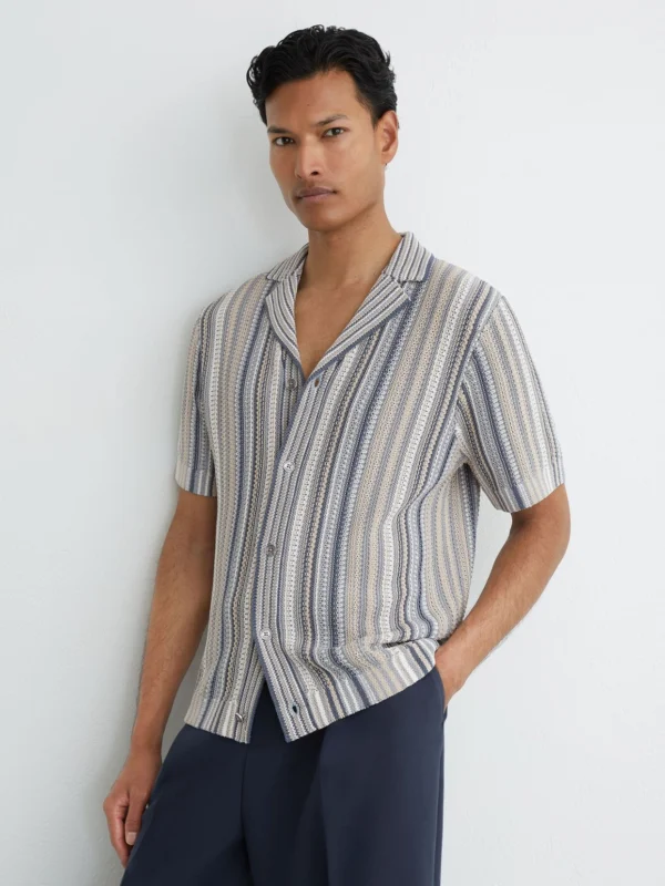 Reiss Blue & Camel Striped Knit Cuban-collar Shirt