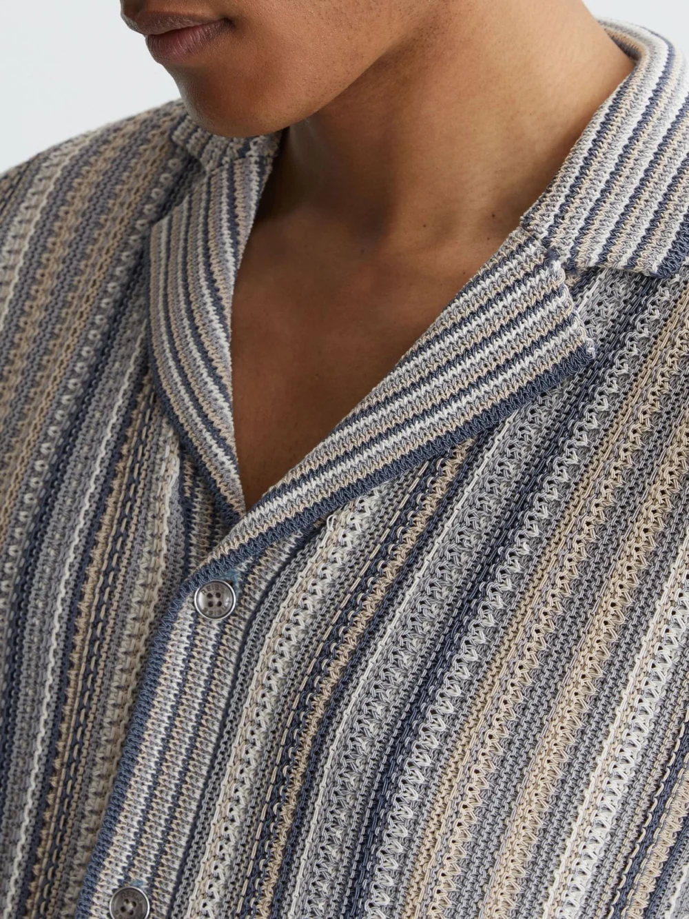 Reiss Blue & Camel Striped Knit Cuban-collar Shirt, view 3