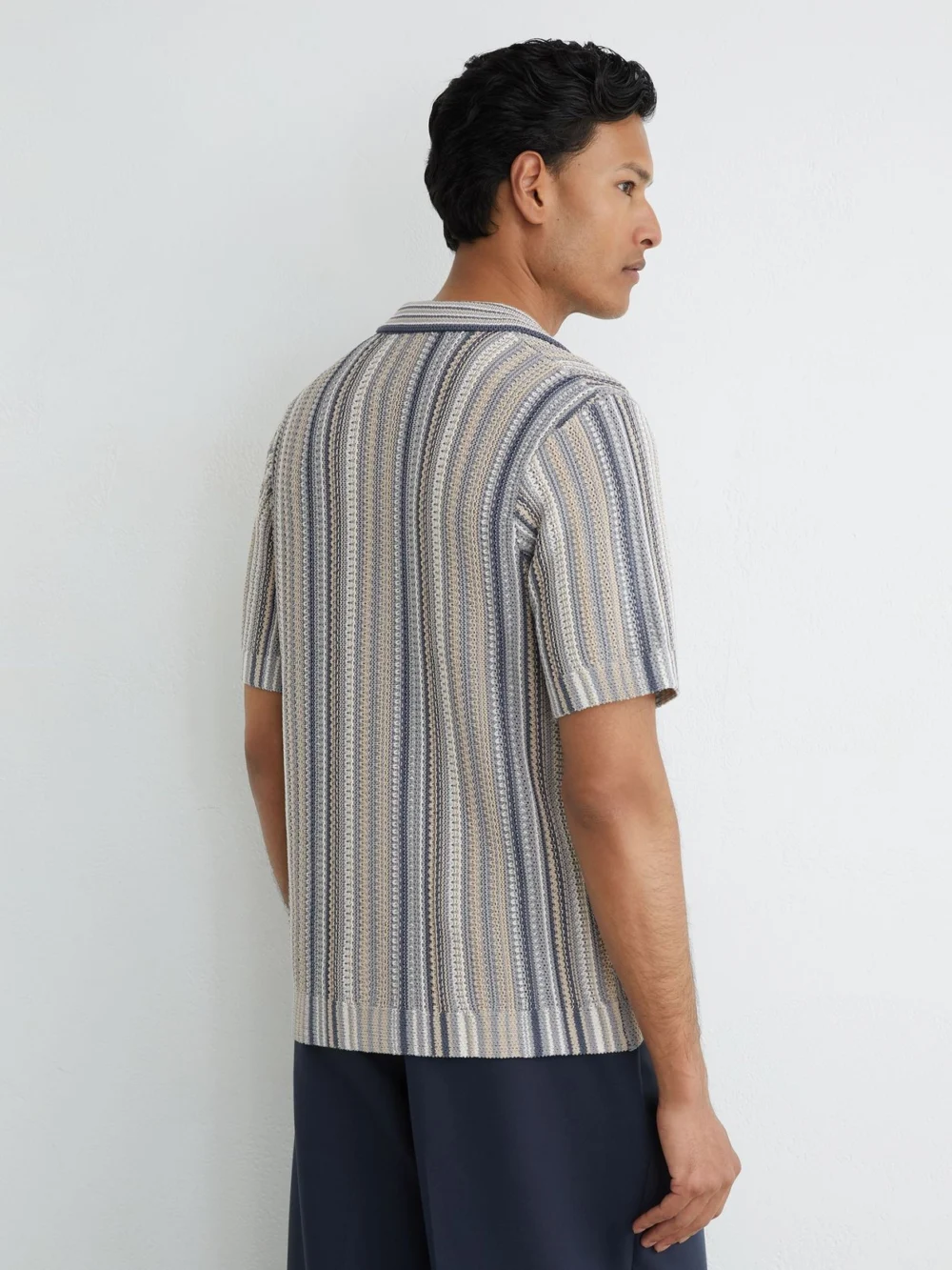 Reiss Blue & Camel Striped Knit Cuban-collar Shirt, view 4