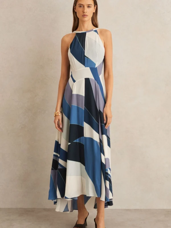 Reiss Blue & Cream V-Back Midi Dress