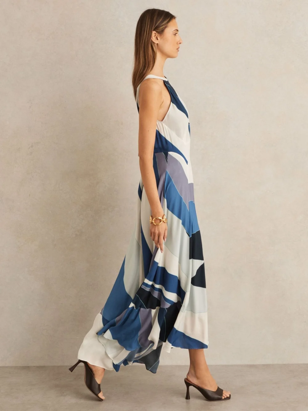 Reiss Blue & Cream V-Back Midi Dress, view 2