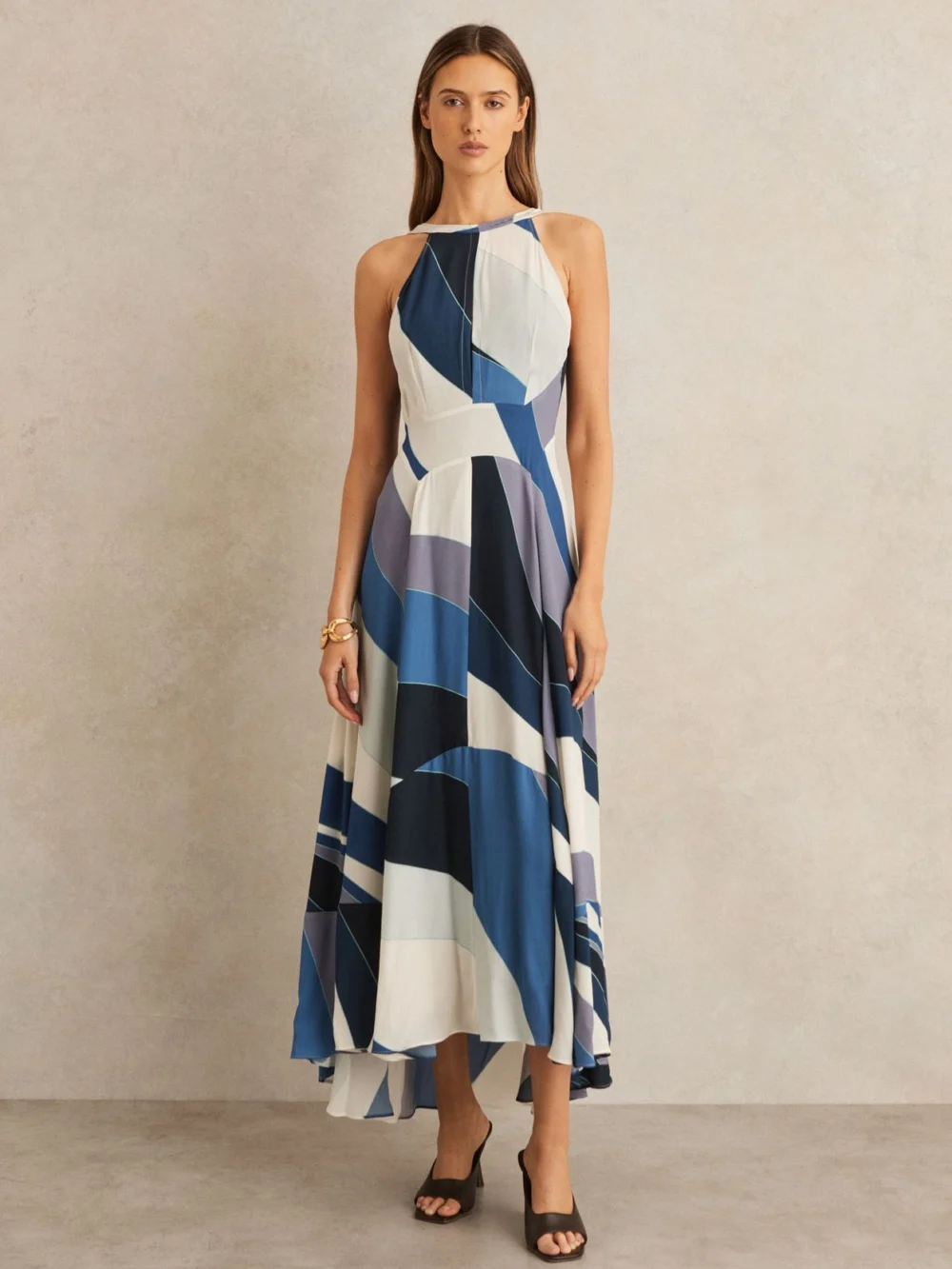 Reiss Blue & Cream V-Back Midi Dress, view 4