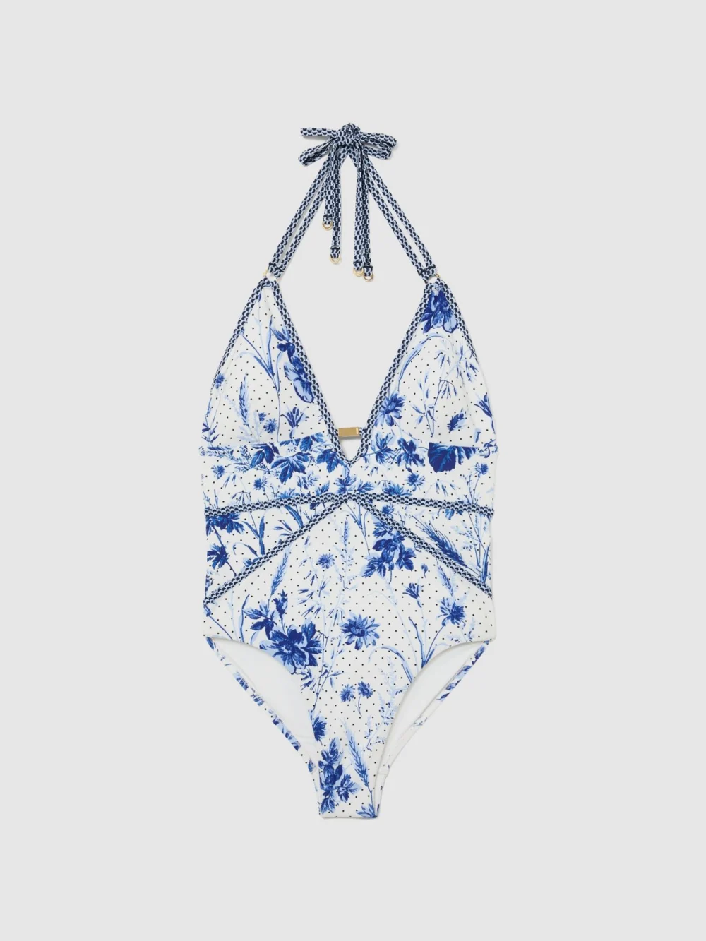 Reiss Blue & Floral-print Plunge Halterneck Swimsuit, view 2