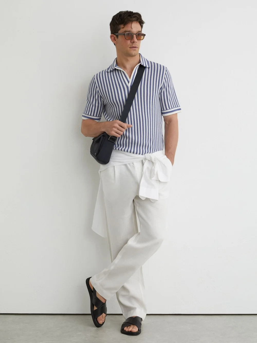 Reiss Blue & off White Cotton-blend Stripe Knit Polo Shirt in blue/ off white