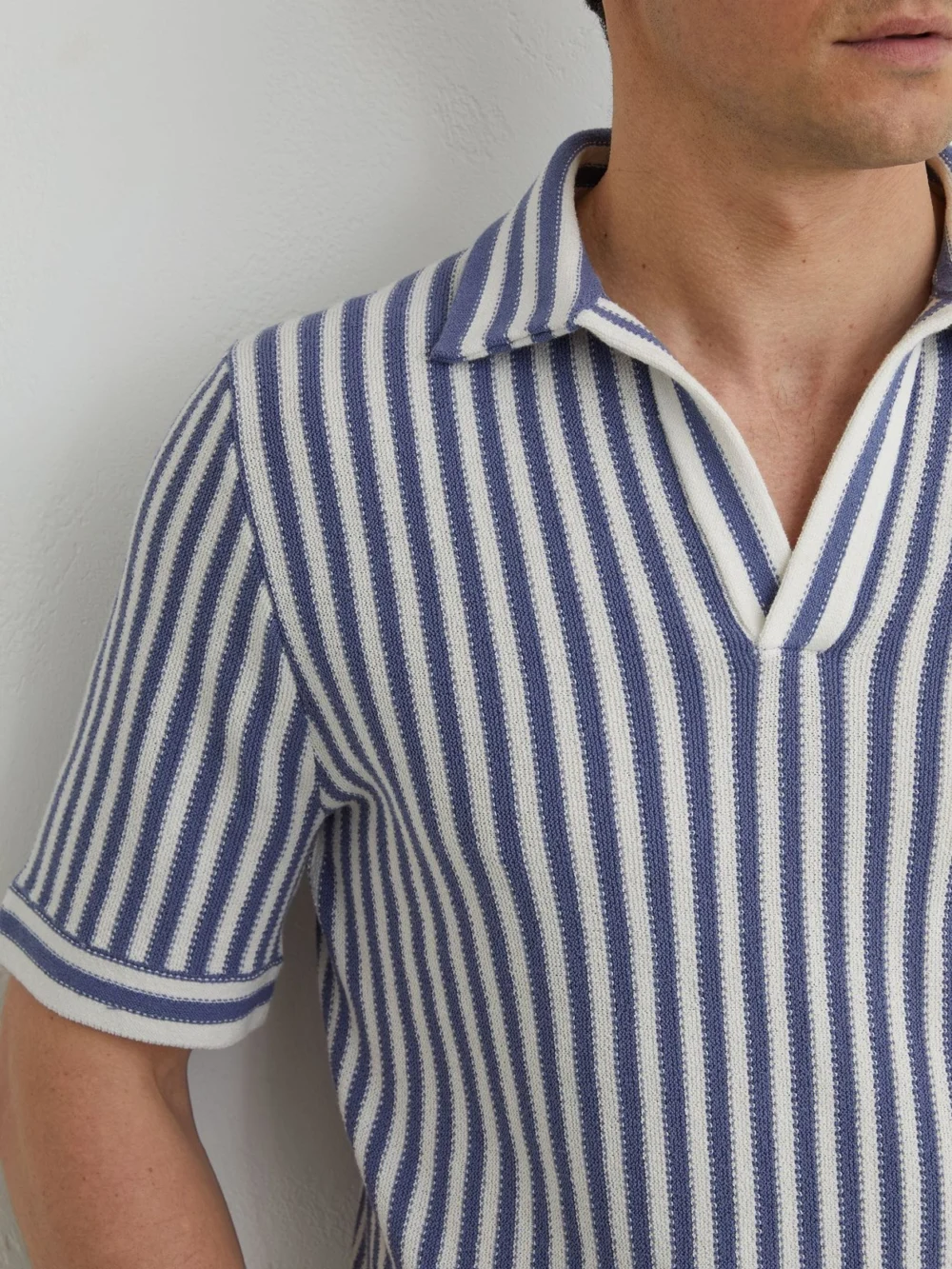 Reiss Blue & off White Cotton-blend Stripe Knit Polo Shirt, view 3