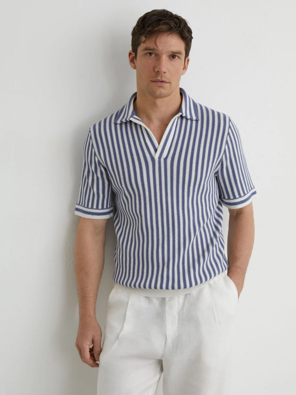 Reiss Blue & off White Cotton-blend Stripe Knit Polo Shirt, view 4