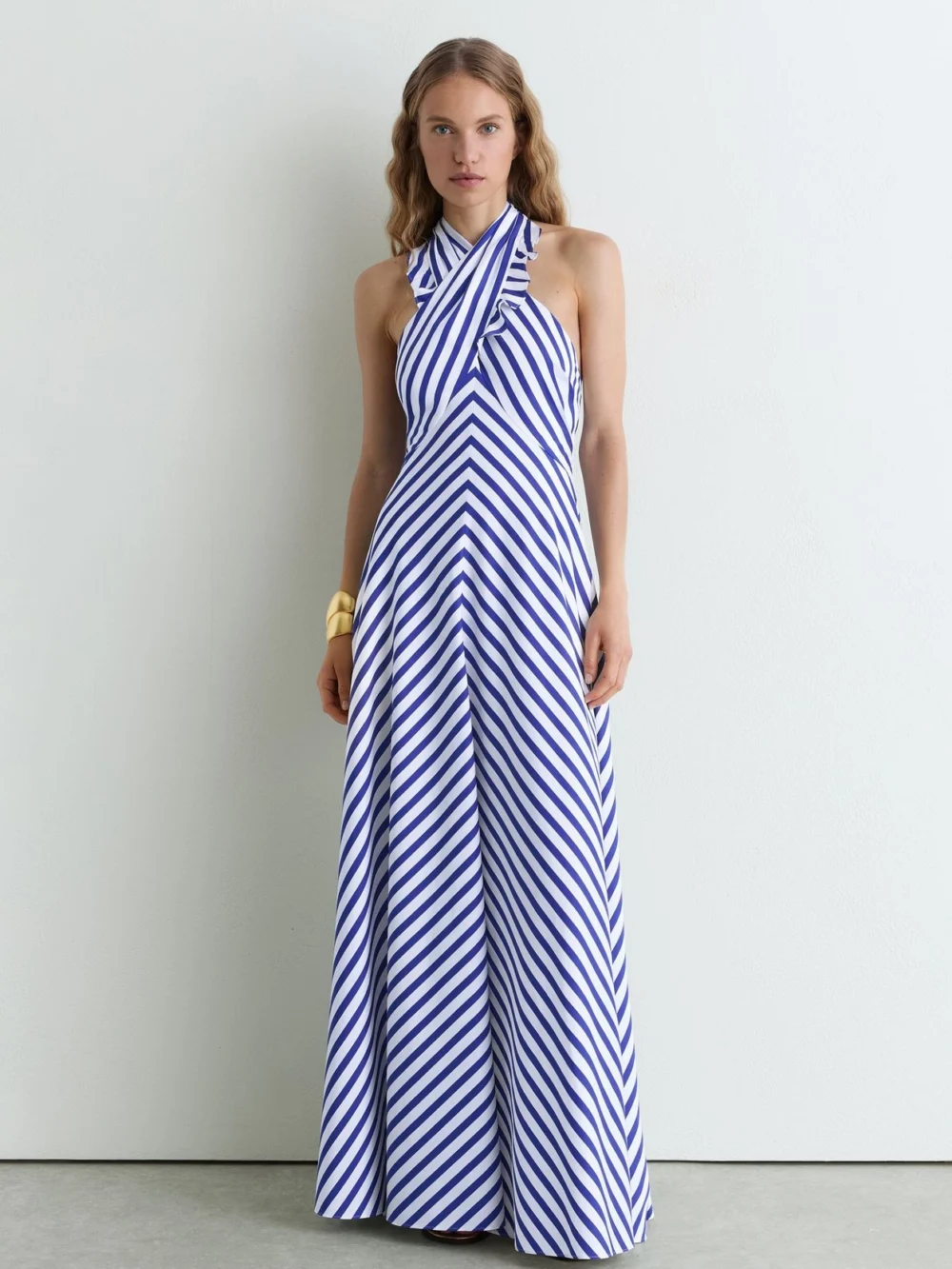Reiss Blue & Striped Halterneck Ruffle Maxi Dress, view 3