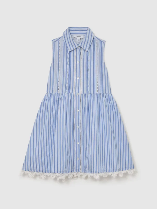 Reiss Blue & White 3-9 yrs Cotton Striped Lace-trim Shirt Dress