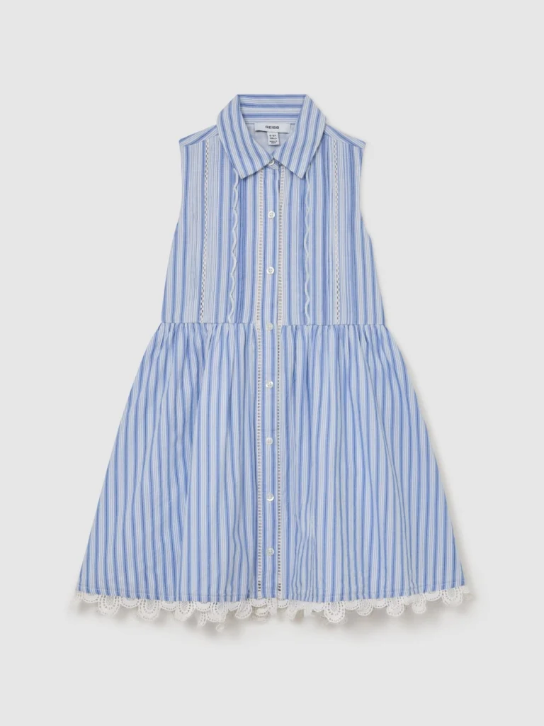 Reiss Blue & White 3-9 yrs Cotton Striped Lace-trim Shirt Dress